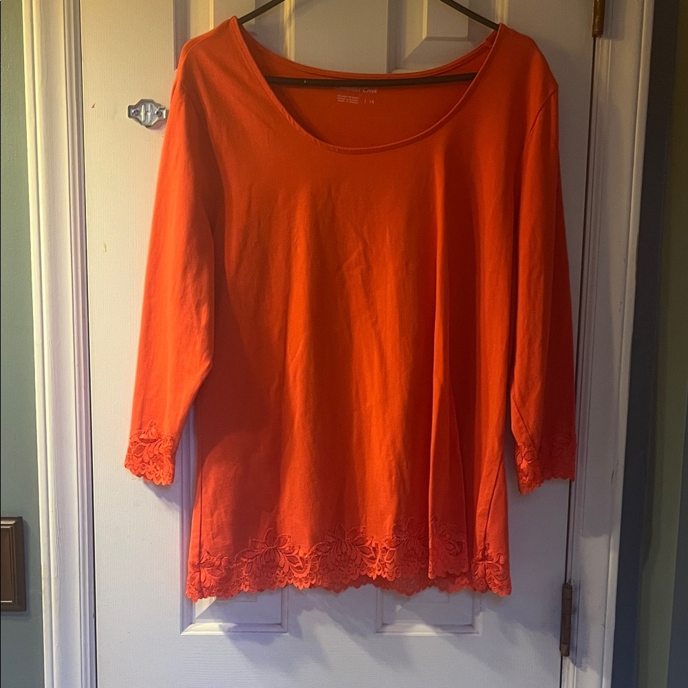 Coldwater Creek Women's Orange 3/4 sleeve 1X Lace Hem Top